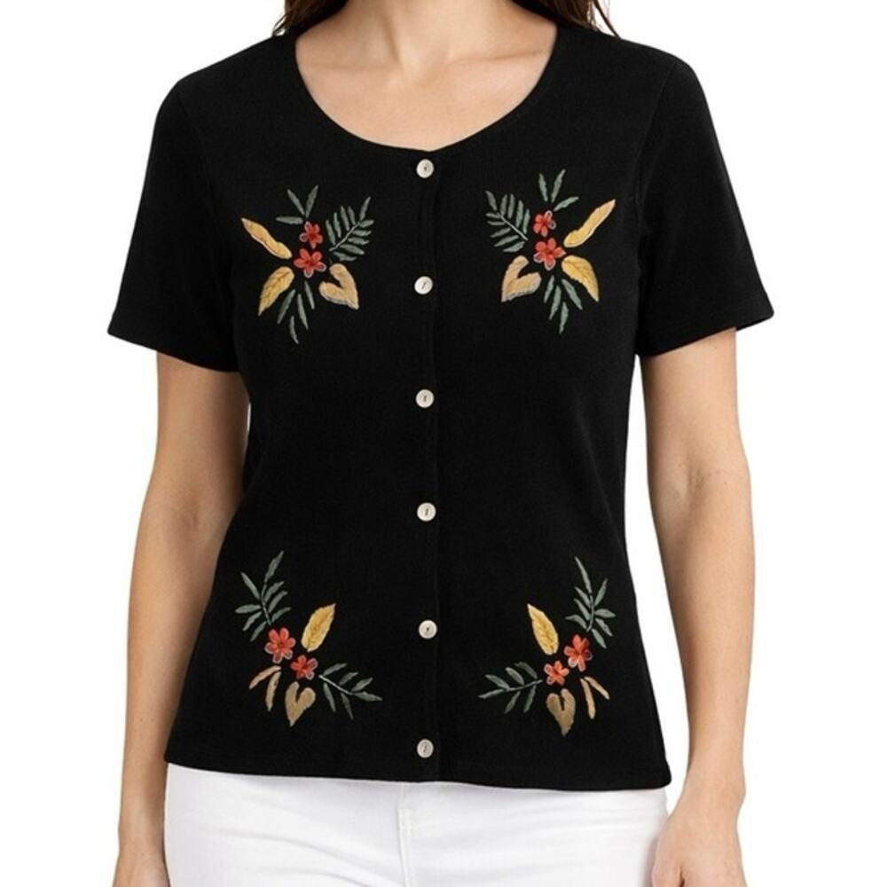 dB Line NY Top Size Small Embroidered Black Floral Ramie Cotton Vintage 90s Y2K